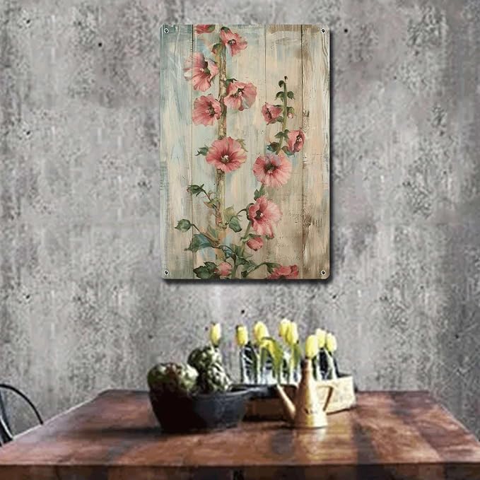 Metal Sign Tin Sign Vintage Wall Art Antique Grandeur Hollyhocks Tin Sign for Shabby Chic Interiors Tall Stem Displays and Corrosion R Metal Sign for Bar 12×16 Inches