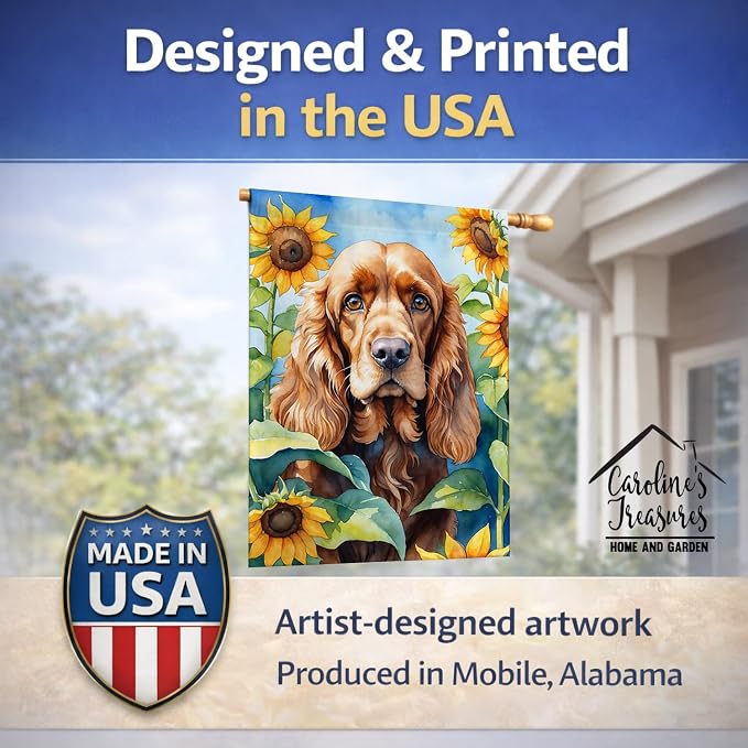 Caroline's Treasures DAC6059CHF Cocker Spaniel in Sunflowers House Flag Large Porch Sleeve Pole Decorative Outside Yard Banner Artwork Wall Hanging, Polyester, House Size, Multicolor