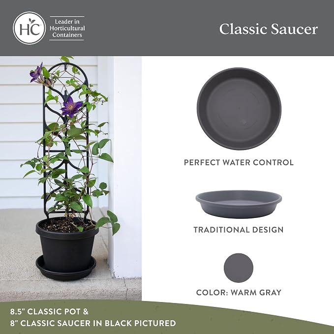 The HC Companies 6 Inch Classic Round Plant Saucer, Lightweight UV-Resistant Plastic Outdoor & Indoor Flower Pot Tray, 4-Pack Plant Pot Trays for Garden & Home Decor, Warm Gray