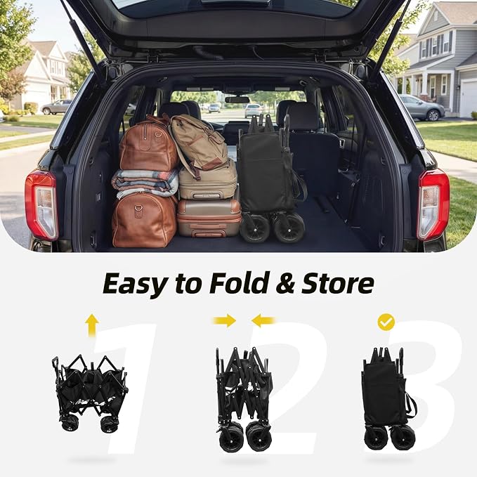 EchoSmile Collapsible Folding Wagon Cart with Compact Storage - 400Lbs Capacity All Terrain Utility Cart for Camping, Beach, Grocery, Garden,Black
