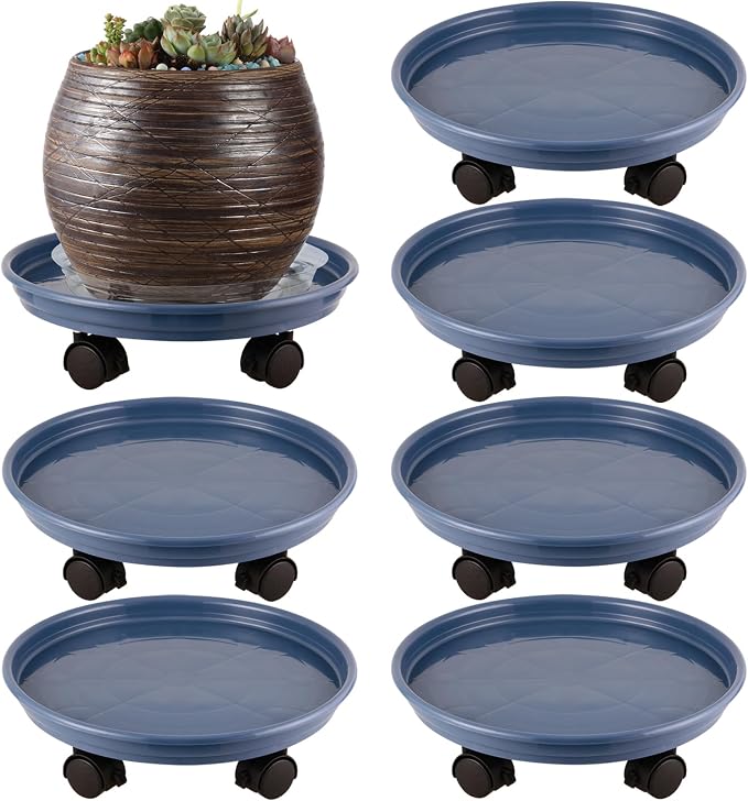 6 Packs Plastic Plant Caddy with Wheels 12" Plastic Rolling Plant Stands Heavy-duty Plant Dolly with Casters Indoor and Outdoor Plant Roller Base Wheels, Blue