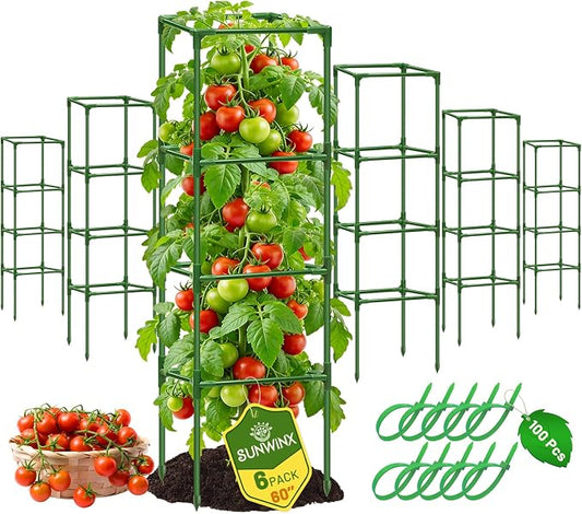 6 Pack Square Tomato Cages for Garden, 60 Inch Adjustable Tomato Stakes, Metal Tomato Trellis, Garden Plant Support for Potted Climbing Plants, Vegetables Flowers Fruits, Raised Garden Bed