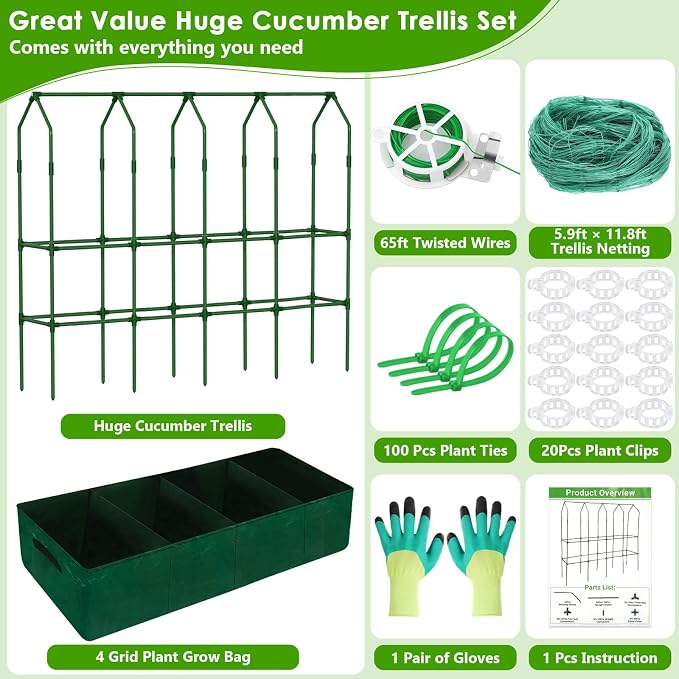 Large Cucumber Trellis for Climbing Plants with Grow Bag, 67"×65"×16.5" Metal Garden Trellis for Raised Bed with Garden Netting and Plant Clip Plant Ties for Vegetables, Squash, Pea, Grape, Tomato