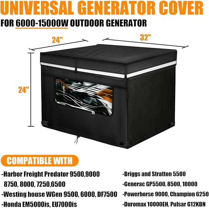 Heavy Duty Generator Cover, 32''Lx24''Wx24''H Generator Cover with Double-Layer Fabric, Side Access to Control Panel, Top Access to Add Fuel, All-weather Protective for Most 5500-15000 Watt Generators