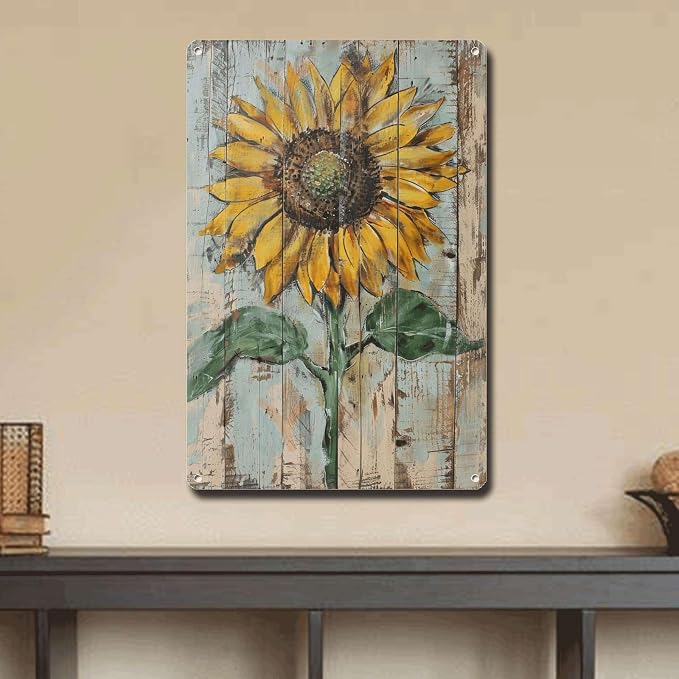 Metal Sign Tin Sign Vintage Wall Art Bright Yellow Sunflower Tin Sign for Vintage Shabby Chic Interiors Weathered Texture Displays and Tin Sign Paper for Pub 8×12 Inches