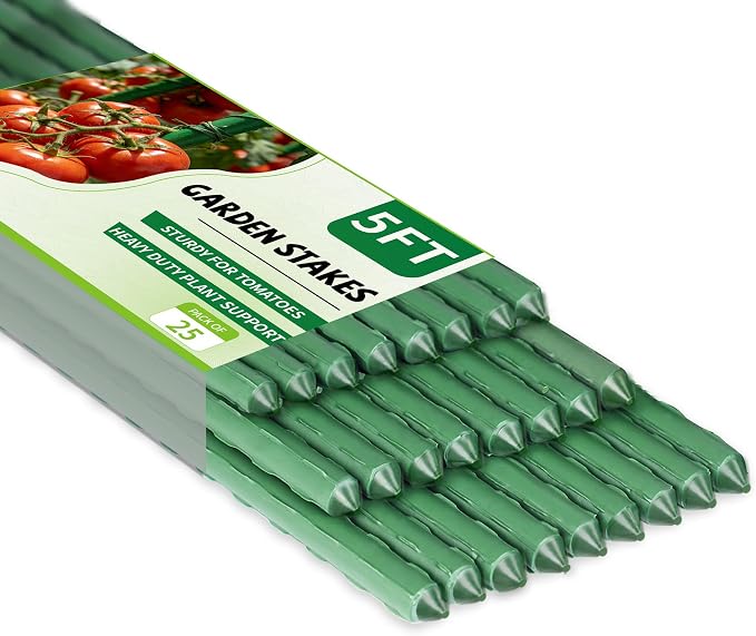 25 Pack Garden Stakes 5FT (58 Inch), Heavy Duty Steel Tomato Stakes with Plastic Coating, Tall Plant Support Stakes for Outdoor Climbing Plants, Vegetables, Beans & Garden Use