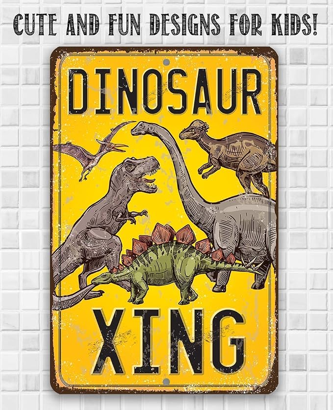Dinosaur Crossing Sign - Cool Tin Sign for Wall Decor, Dinosaur Party Decoration Signs, Dinosaur Poster for Boys Room and Play Room, 8x12 Use Indoors or Outdoors Durable Rustic Metal Sign