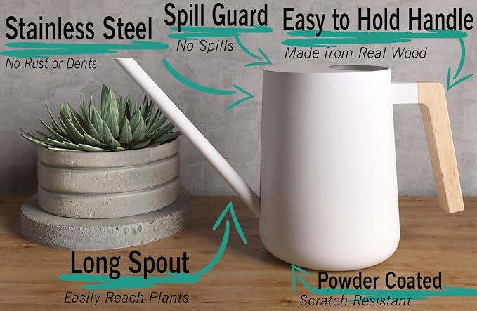 35 Ounce Metal Small Indoor Watering Can with Long Spout & Real Wood Handle for House Plants, Succulents, Cacti & Seedlings - White Long Spout Watering Can Indoor Plants - Gentle Flow & No Spills