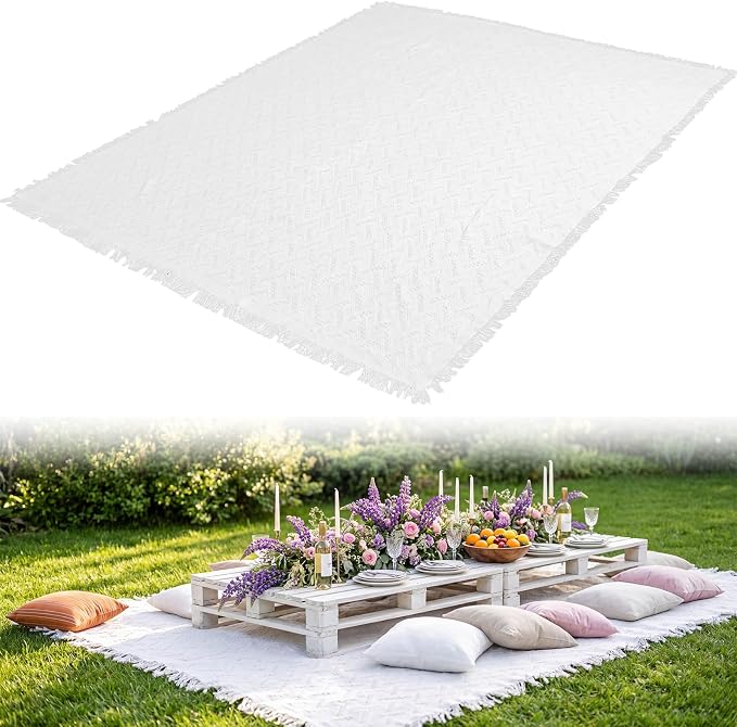 1 Pack White Extra Large Picnic Blanket, Outdoor Picnic Mat, Woven Boho Large Beach Blanket with Fringe for Park, Camping, Lawn or Wedding Photoshoot (91 x 109 Inches)