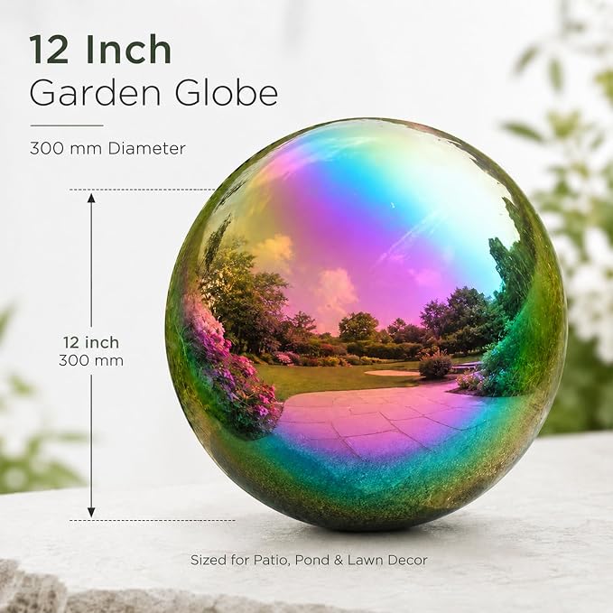 Gazing Ball Garden Mirror Outdoor - 12inch Outside Decorative Globe Rainbow | Metal Polished Reflective Sphere, Stainless Steel Hollow Decoration Ornament for Home Pond Swimming Pool Housewarming Gift