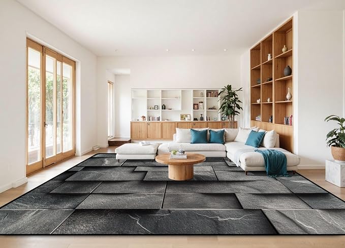 10x14 Area Rugs for Living Room Stone Tiles Layered Blocks Rectangular Forms Subtle Cracks Matte Washable Large Area Rug for Bedroom Non Slip Outdoor Carpets Soft Mats Kitchen Home Office Decor