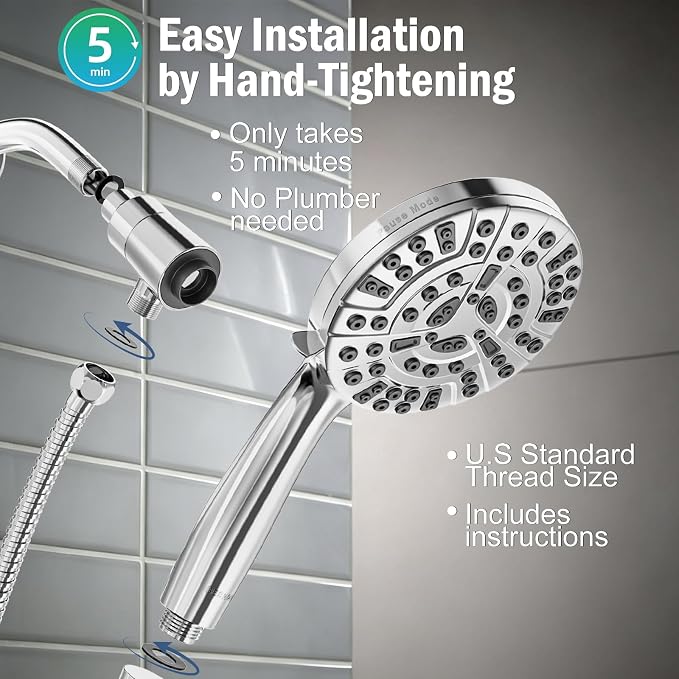 BESAQUO Shower Head, 9 Settings High Pressure shower head with handheld, Built-in Pause Mode & Power Wash, Non-Clogging Nozzles, 6ft Hose,Bracket (Premium Chrome, Magnetic 9 Settings)