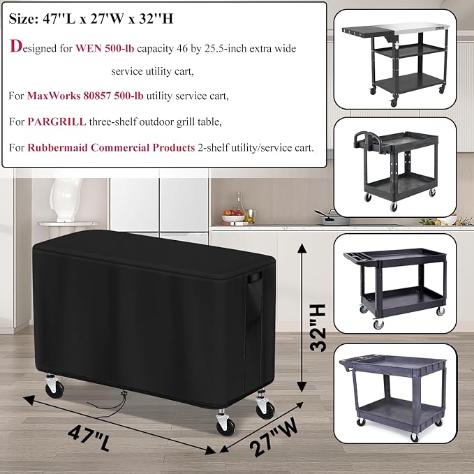 Patio Table Cover for Outdoor Grill Cart, 47-inch Waterproof Rolling Utility Service Cart Cover Stainless Steel Pizza Oven Table Covers - 47"L×27"W×32"H, Black