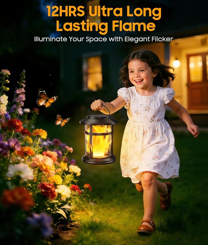 Solar Lanterns Outdoor Waterproof, 2 Pack Upgraded Flickering Flame Hanging Solar Lights for Outside Decorative, Solar Powered Lanterns Lighting for Garden Patio Table Porch Decor Gifts