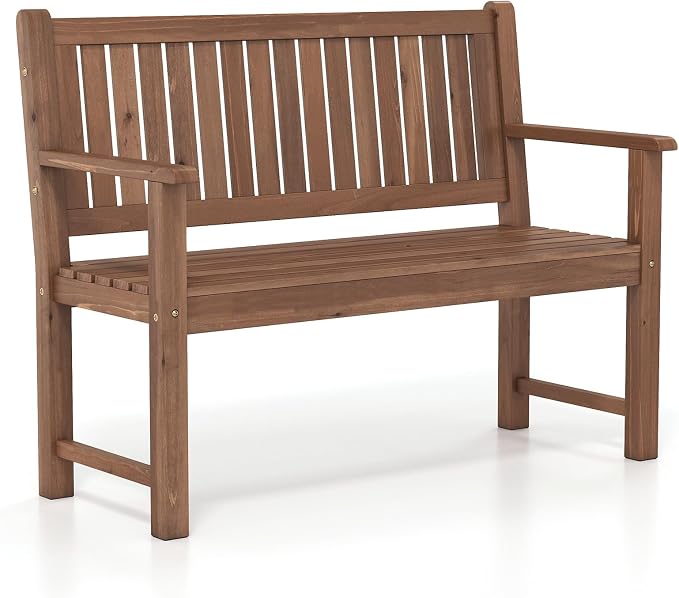 Tangkula 2-Seater Outdoor Wooden Bench, Garden Loveseat Bench with Backrest, Armrests, Slatted Seat, Loads up to 660 LBS, Fir Wood Bench Seating for Porch, Backyard, Deck, Poolside (45.5",Brown)