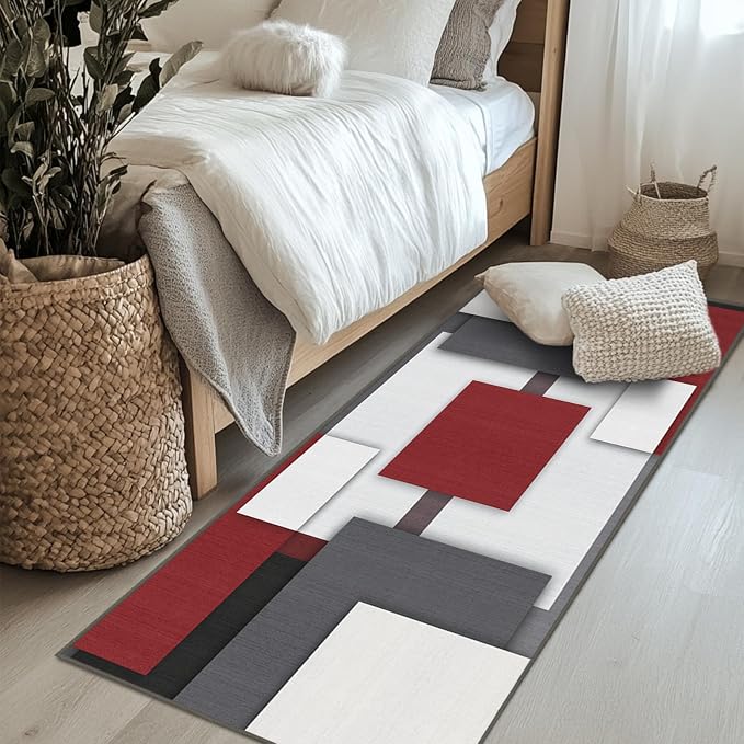 Red and Black Runner Rug 2x6 for Hallway Geometric Mid Century Rugs | Washable Modern Abstract Rug Low Pile Non-Slip Long Carpet for Kitchen Bedroom Doorway Bathroom Laundry