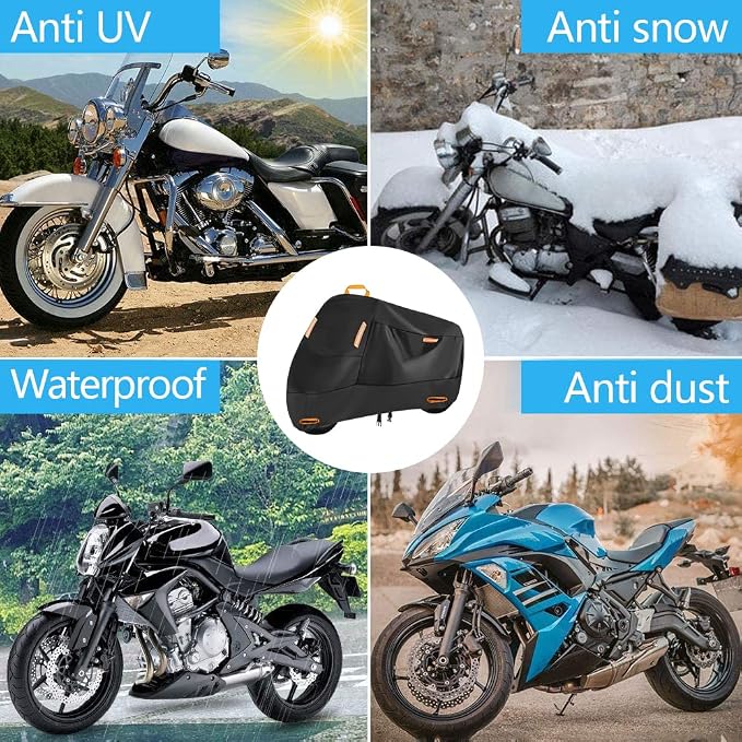 SECELES 300D Heavy Duty Motorcycle Cover Fits up to 86" Yamaha | All Season Durable Scooter Cover,4 Reflective Strips,Lock-Holes,Windproof Buckles,for Cruiser Sportbike Dirt Bike,86"x37"x50"