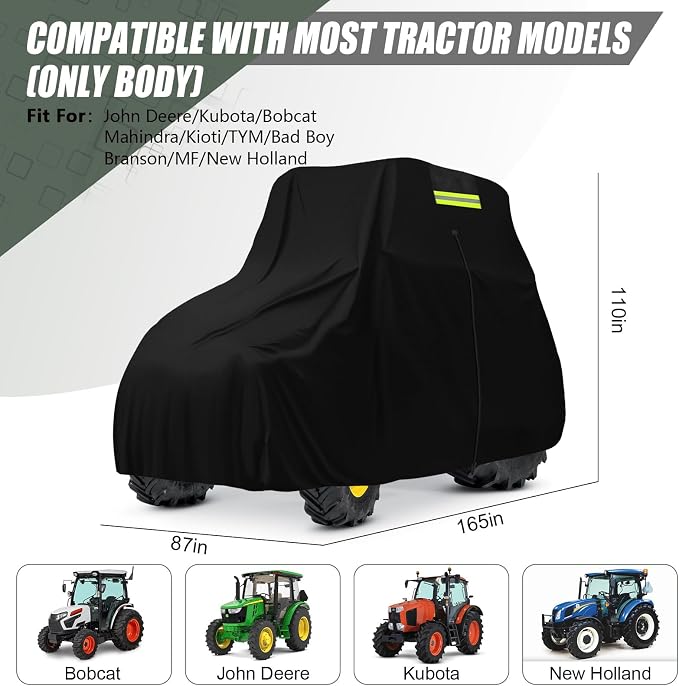 Waterproof Tractors Cover for Most Utility Tractor with Cab, 600D Oxford Cloth Tractors Cover for Snow Rain Dust Protection, 165 L x 87W x 110 H Inches