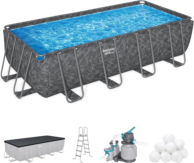 Bestway APX 365 18' x 9' x 52" Above Ground Pool Set with Sand Filter Pump | Long-Lasting All-Season Swimming Pool with Galvanized Steel Frame - Ladder, Cover, and Polysphere Filtration Balls Included