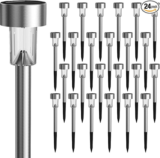 GIGALUMI 24 Pack Solar Lights Outdoor Waterproof,Stainless Steel LED Solar Garden Lights, Solar Pathway Lights Outdoor, Outdoor Solar Lights for Yard, Patio, Lawn and Landscape(Cold White)