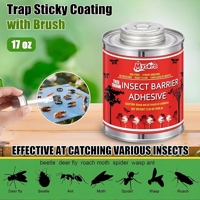 Sticky Coating Trap with Brush 17 oz Insect Barrier Coating Sticky Insect Trap Glue Outdoor DIY Adhesive Fly Glue Deerflies Lanternfly Mosquito for Orchard Garden Protect Trees Plants