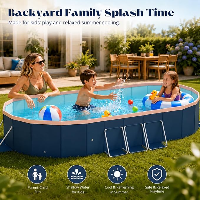 10 ft Foldable Non-Inflatable Swimming Pool, 118.11 x 86.61 x 19.69 in, Blue PVC Backyard Pool with Aluminum Alloy Triangle Supports for 2 Adults and 4 Children