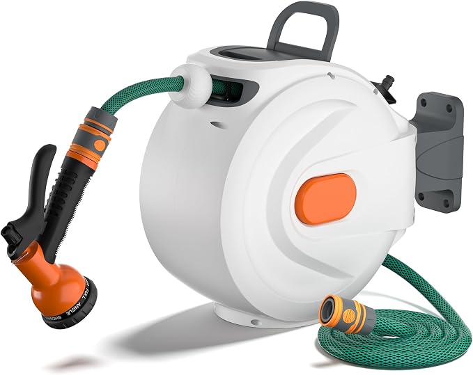 Retractable Garden Hose Reel 1/2 in x 100 ft Wall Mounted, Auto Rewind with Slow Return & Any-Length Lock, No Kink Tangle-Free, 3/4 in Brass Connector, 180° Swivel, Heavy Duty Hose Reel for Outside