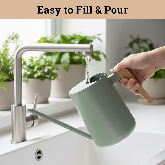 35 Ounce Metal Small Indoor Watering Can with Long Spout & Real Wood Handle for House Plants, Succulents, Cacti & Seedlings - Sage Green Long Spout Watering Can Indoor Plants - Gentle Flow & No Spills