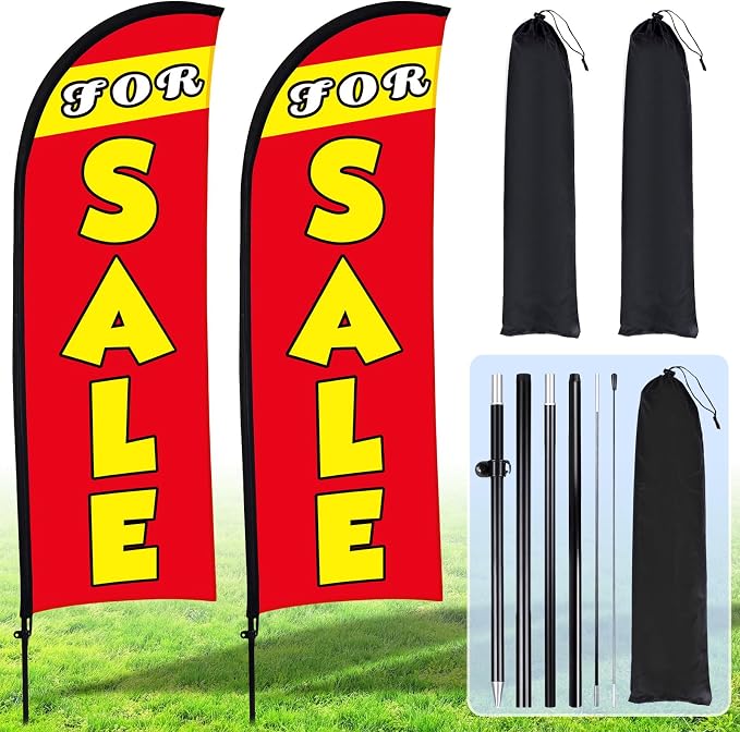 Buryeah 2 Set Sale Feather Flag 7 x 5.4ft Huge Sale Banner Flag Themed Flag with Pole Kit for Retail Store Outside Garden Business Advertising(Red)
