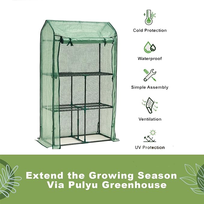 Purlyu Mini Greenhouse for Indoor Outdoor, Small Plastic Plant Green House Rack Stand Portable Greenhouses with Durable PE Cover for Seedling 60 "x 35"x 16",20 Pcs T-Type Plant Tags Include（PLGH4053G）