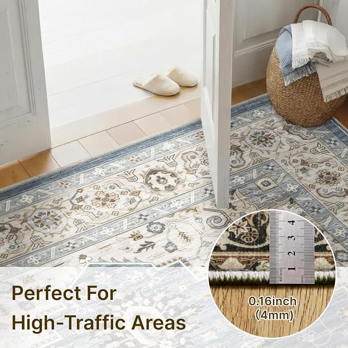 Washable 4'x6' Vintage Area Rug for Bedroom Living Room Blue | Farmhouse Carpet For Bedroom Kitchen Office Hallway Entryway Printed Pattern Non-Slip Soft Stain-Resistant Easy To Clean