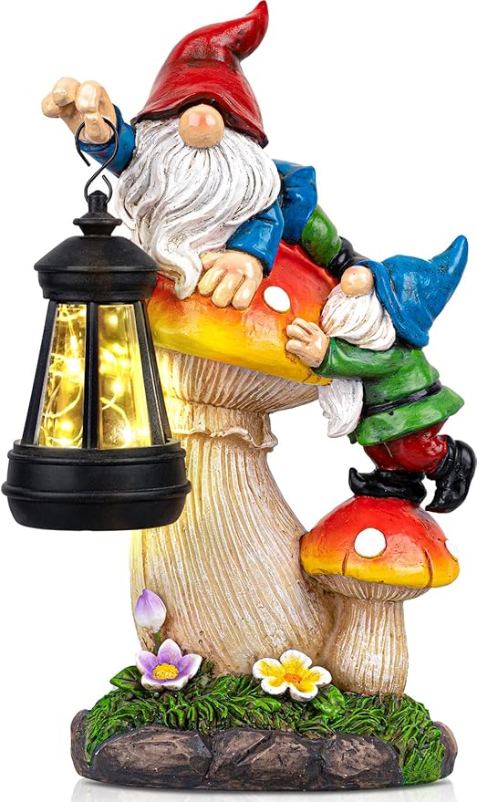 C&Y&G&X Solar Garden Gnome Statue with Lantern, Waterproof Mushroom Garden Decor, Resin Gnome Yard Art with Solar LED Lights for Outdoor Lawn Patio Porch, Gifts for Mom Grandma Garden Lovers