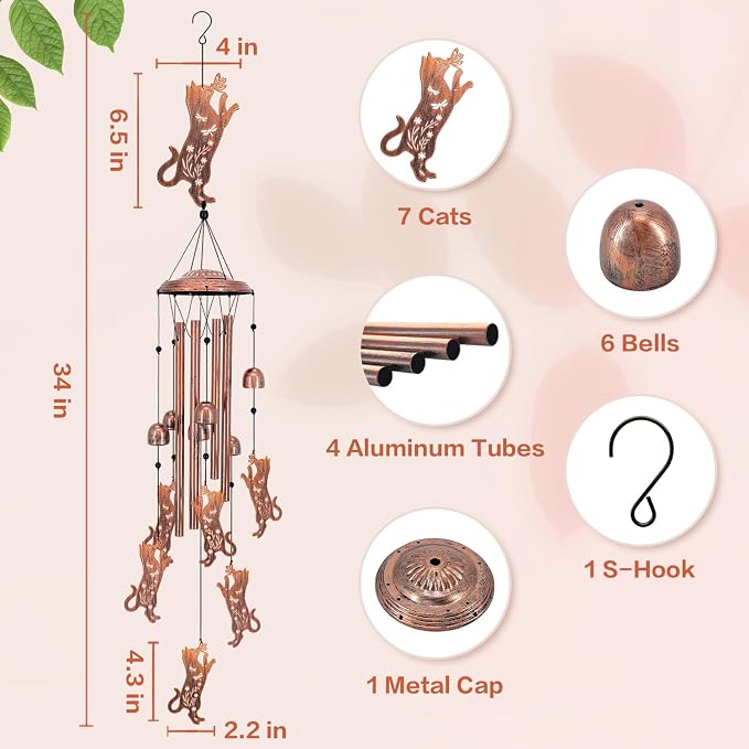 Cat Wind Chimes for Outside,Cat Gifts for Women Men/Memorial Gifts/Birthday Gift/House Warming Gift Metal windchimes Outdoors/Indoors,Garden Decor,Patio,Home,Porch,Yard Decor