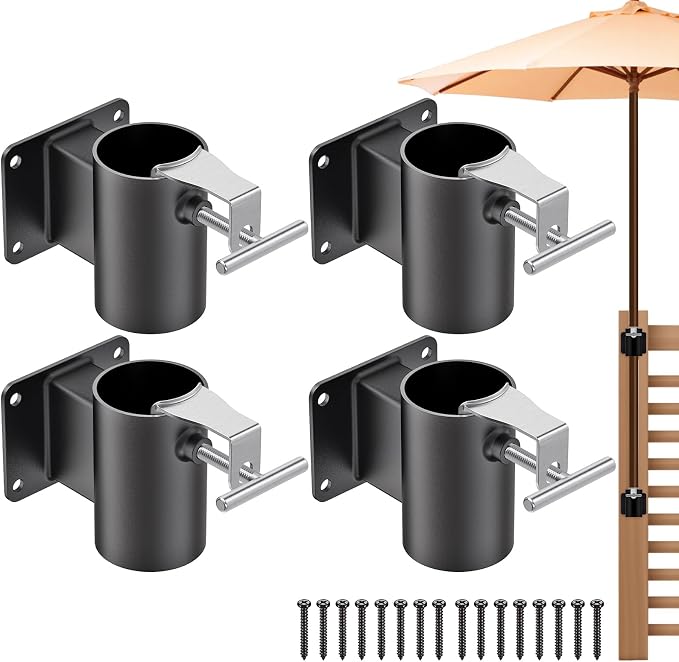 Heavy Duty Deck Railing Umbrella Holder, Patio Umbrella Stand for 1-2 Inch Poles, Space-Saving Design, Secure & Sturdy Flat Mount for Deck Railing, Balcony, Outdoor Courtyard, Fences, 2 Set