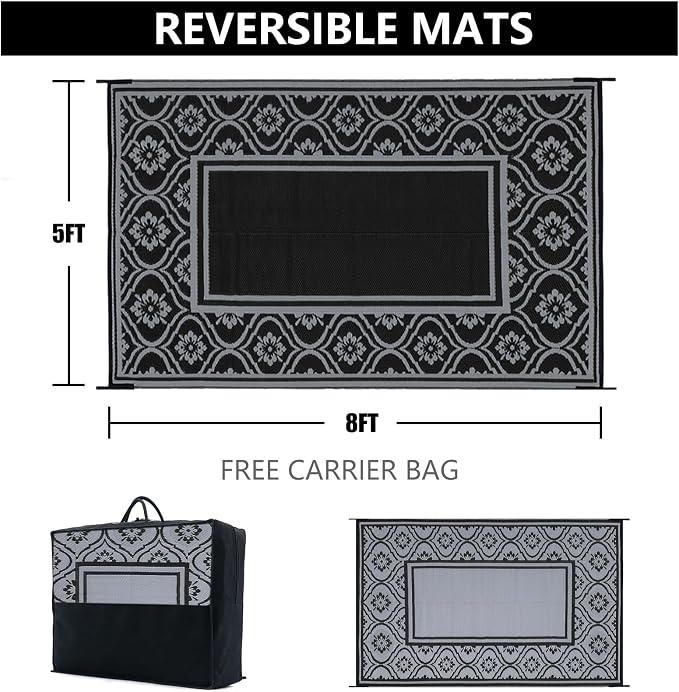 HUGEAR Outdoor Plastic Straw Rug, Waterproof Outdoor Rugs for Patios Clearance, Reversible Area Rug, Large Outside Carpet for Camping, Balcony, RV, Deck, Picnic, Beach (5x8ft Lantern/Black&Grey)