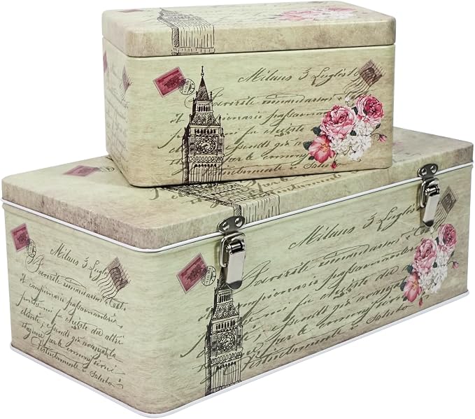 DreamsEden Tin Metal Keepsake Boxes, Vintage Decorative Storage Box with Lid for Keepsakes Memory Seed Tea Container, Set of 2