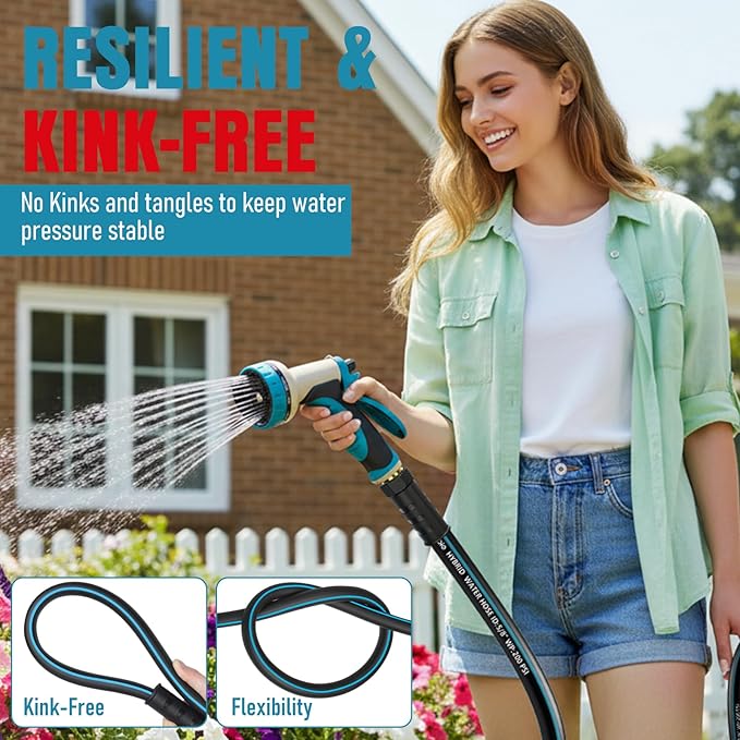 Garden Hose 75 ft x 5/8" with Nozzle, Water Hose Heavy Duty Flexible, Lightweight Kink-less Hybrid Hose with Swivel Handle, Male to Female Fittings