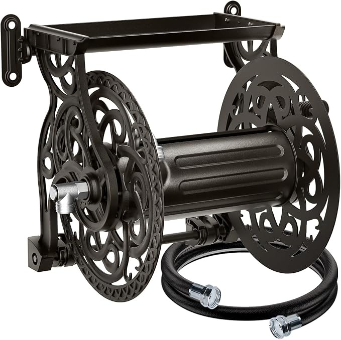 Metal Wall Mount Garden Hose Reel for Outside, Holds 125 ft x 5/8'' Hose Storage, Decorative Heavy Duty Water Hose Holder Aluminum Frame, No-Leak Aluminum Water System, Easy Assmbly, Dark Bronze