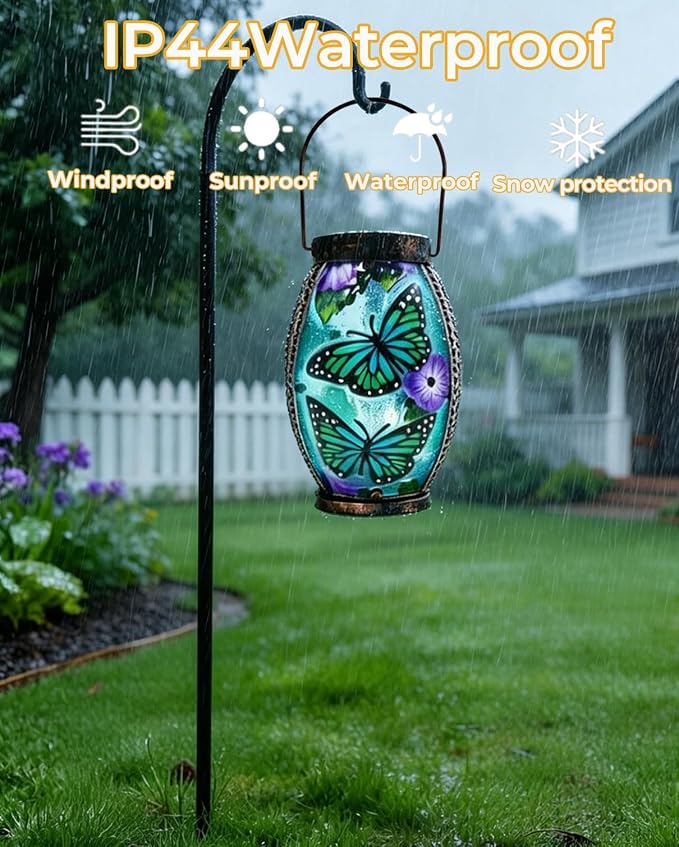 Butterfly Solar Lanterns Glass & Metal Hanging Solar Lantern Outdoor Waterproof 13.8" H Tabletop Light for Garden Patio Table Decor Mother's Day Gift