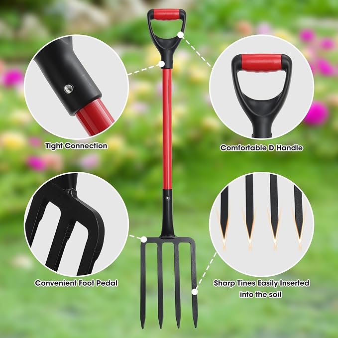 Pitch Fork, 42.5 inch One-Piece Garden Fork with Metal 4 Tines & Fiberglass D Handle, Heavy Duty Pitchforks for Gardening Digging Composting Soil Loosening