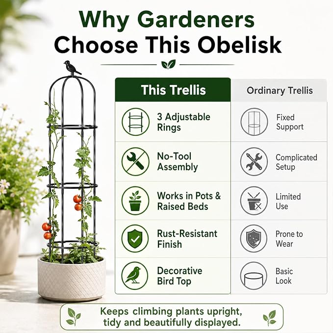 FOLLOOK Garden Obelisk Trellis for Climbing Plants Outdoor, Lightweight Climbing Plant Support Flower Roses Clematis Vegetable Light Vines Round Trellis for Raised Garden Bed Planter, Black, 1 Pack