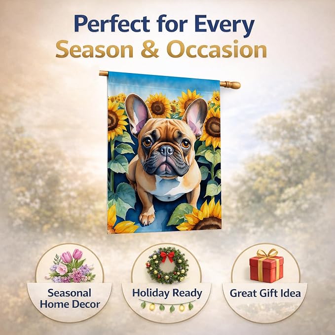 Caroline's Treasures DAC6081CHF French Bulldog in Sunflowers House Flag Large Porch Sleeve Pole Decorative Outside Yard Banner Artwork Wall Hanging, Polyester, House Size, Multicolor