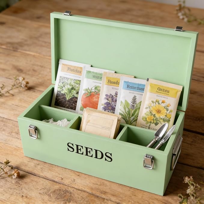 Seed Storage Organizer with 2 Dividers,Wooden Seed Saving Box with Lid, Seeds Bin Storage Container Kit with 2 Pens,12 Slots and 50 Seeds Envelopes, Perfect for Flower Plants Garden
