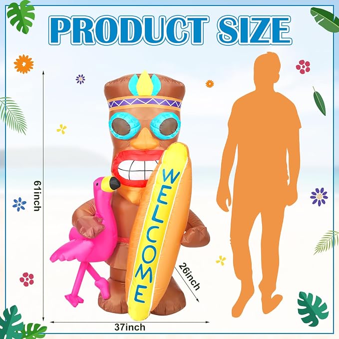 Shappy 5 FT Inflatable Tiki Flamingo Outdoor Decoration with LED Lights | Hawaiian Luau Party Decor, Tropical Tiki Totem Blow Up for Summer Beach Party, Outdoor Yard Lawn Garden Decoration