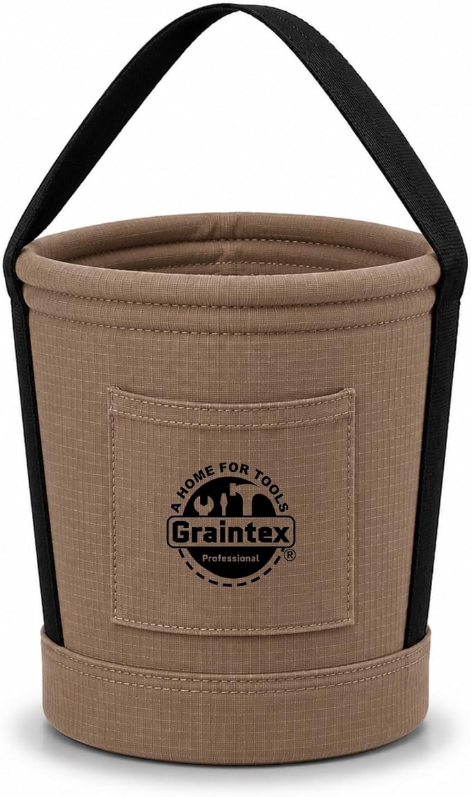 Graintex Tapered Canvas Bucket 12"x10"x15", Utility Tool Bucket One Inside Pocket, Reinforced Base & Carry Handle, Ripstop Canvas - Beige