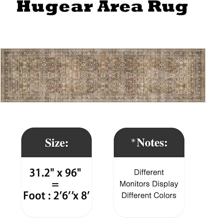 2'6''x8 Brown Vintage Distressed Washable Runner Rug for Hallway | Low Pile, Non Slip, Retro Style, Soft Distressed Hallway Runner Rug for Kitchen, Entryway, Laundry Room, Home Decor