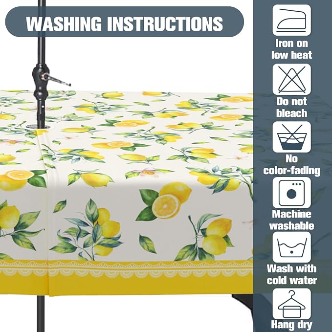 Lemon Outdoor Tablecloth with Umbrella Hole 60" x 102" Waterproof Zipper Table Cloth for Garden - Ideal Patio Table Cover for Picnics, Camping, and Yard Use