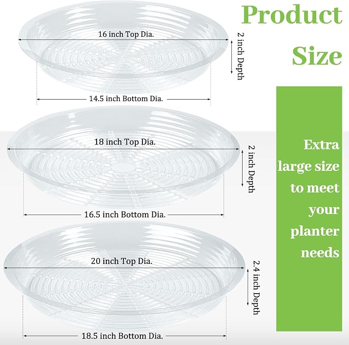 Shellwei 18 Pieces 16" 18" 20" Plant Saucers Clear Durable Plant Saucer Plastic Plants Saucers for Indoors Outdoors Clear Flower Pot Drip Trays Plants Garden Pot Saucer Trays