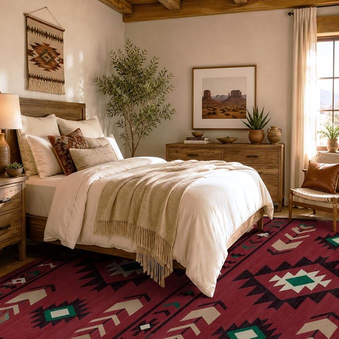 9x12 Area Rug for Living Room Western Rug Southwestern Aztec Tribal Rugs Southwest Navajo Machine Washable Non-Slip Printed Low-Pile Floor Carpet for Bedroom Dining Room Office, Red