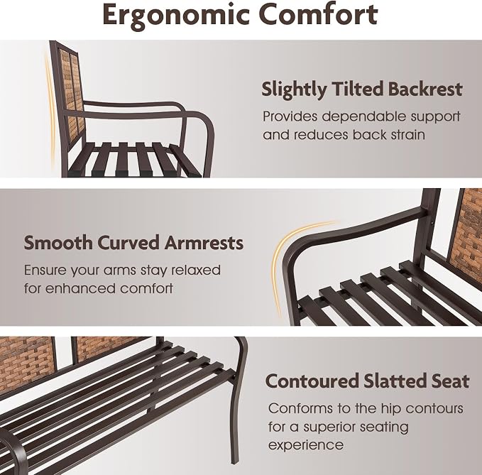 Giantex Outdoor Bench with PE Rattan Backrest, Curved Armrests, Slatted Seat for 2-3 Persons, Heavy-Duty Outdoor Seating Furniture, Garden Bench for Patio, Backyard, Poolside, Porch, Park, Brown
